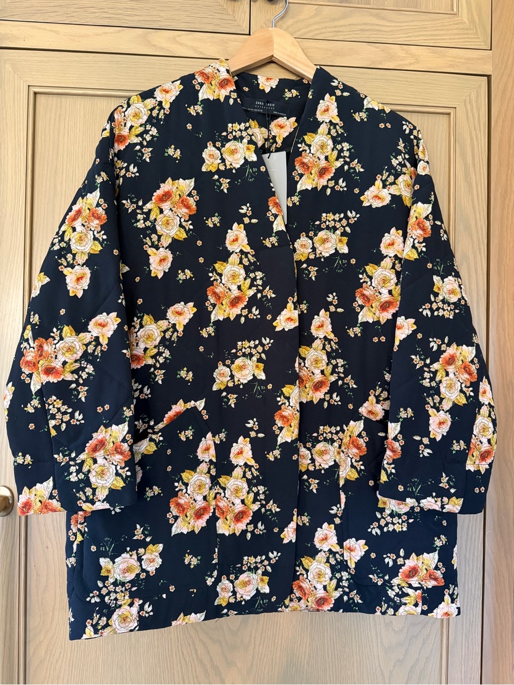 Zara Black Floral Open Blazer with Yellow & Orange Roses